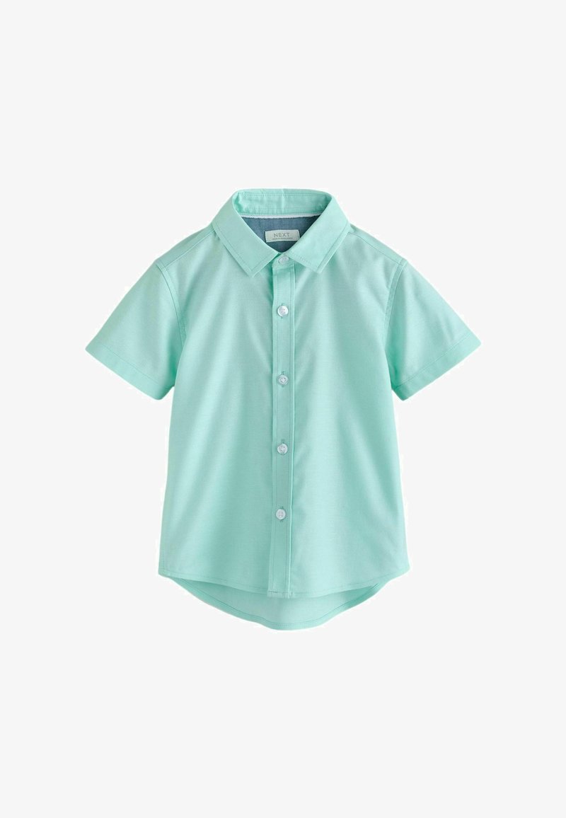 Chemise vert clair à manches courtes avec col, patte de boutonnage avant à quatre boutons et ourlet arrondi.