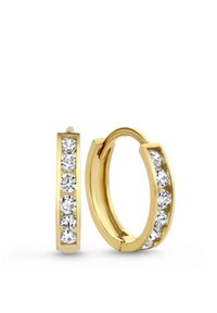 Goldene Ohrhänger mit sechs klaren runden Edelsteinen, die entlang der vorderen Kante eingelassen sind, glatte Oberfläche und ein elegantes, minimalistisches Design.