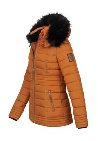 Orange puffer jacket with a faux fur-trimmed hood, quilted design, two zippered pockets, and a logo patch on the sleeve.