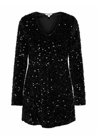 Czarna bluzka z cekinami, z długimi rękawami i dekoltem w kształcie litery V. Teksturowana powierzchnia pokryta błyszczącymi cekinami. Lekko luźny krój.