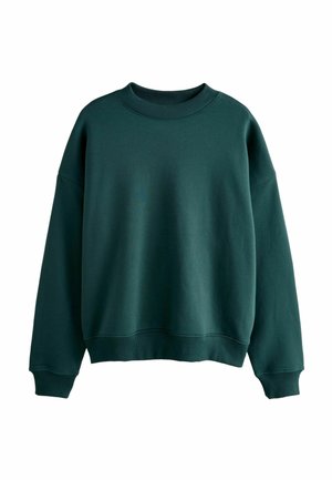Donkergroen sweatshirt met een ribgebreide ronde hals, verlaagde schouders en een relaxte pasvorm. Soepele textuur en gebande manchetten en zoom.