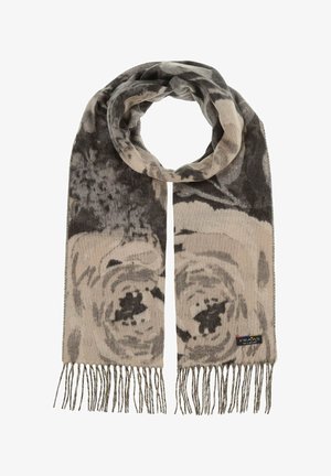 Sciarpa in lana con motivo floreale nelle tonalità di grigio e beige, con estremità frangiate e un'etichetta con il marchio.