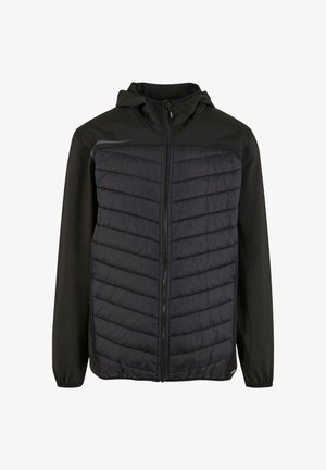 Čierna bunda so zipsom na prednej strane, s prešívaným vzorom na trupe. Vyrobená z hladkého, ľahkého materiálu s kapucňou.