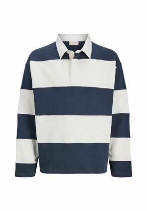 Langarm-Rugbyshirt mit breiten horizontalen Streifen in Marineblau und Weiß sowie einem weißen Kragen, vordere Knopfleiste oben offen.