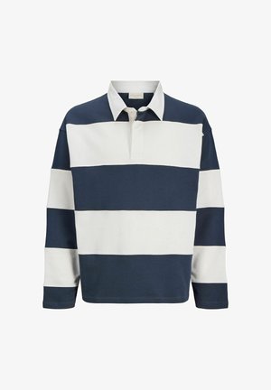Long-sleeve rugby shirt with wide horizontal navy blue and white stripes and a white collar, front button placket open at top.