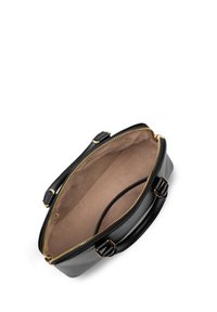 Leren handtas in grijs met een zwarte handgreep. Gouden ritssluiting. Glad exterieur met een beige stoffen interieur en een smal vak.