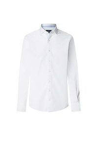 Camisa blanca de botón, de manga larga, hecha de una tela suave. Presenta un cuello con un acento interior en azul claro y un dobladillo recto.