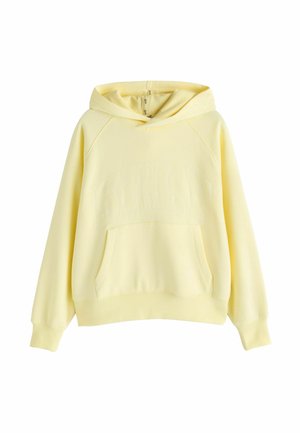Hellgelber Kapuzenpullover mit Kängurutasche, langen Ärmeln und dezenten strukturierten Buchstaben auf der Brust.