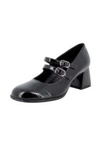 Scarpe Mary Jane nere in pelle verniciata con punta arrotondata, due cinturini con fibbie e tacco quadrato spesso. Texture liscia con finitura lucida.