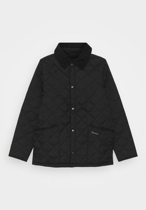 Black quilted jacket with a collared neck, snap button closure, two front pockets, and subtle logo detail on the left pocket.