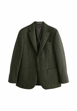 Dark green tweed blazer with a notched collar, two front pockets, and one chest pocket. Features button closure and vented back.