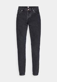 Črne denim hlače s ravnim krojem, ki imajo pet žepov, gumbasto zapiranje in diskretno zbledelo teksturo.