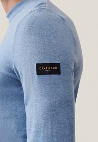 Maglione azzurro chiaro con una texture liscia, caratterizzato da un collo rotondo e un'etichetta nera sul maniche sinistro che riporta "CAVALLARO NAPOLI."
