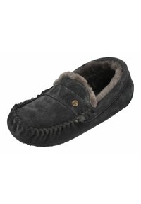 Gray suede moccasin slipper with a plush gray fur lining, hand-stitched details, and a gold-toned accent on the upper.