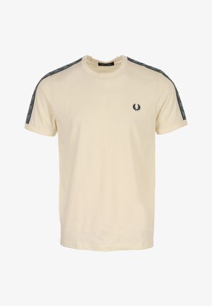 Roomkleurig T-shirt met korte mouwen, donkergrijze logoband op de schouders en een klein zwart lauwerkransenembleem op de linkerborst.