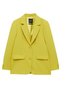 Blazer jaune à simple boutonnage avec revers crantés, deux boutons, poches à rabat et poignets boutonnés, étalé à plat sur un fond blanc.
