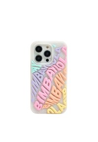 Phone case with a translucent white base featuring raised, colorful letters in pink, purple, orange, and yellow. Textured with a glittery finish.