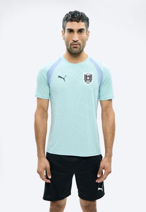 Vyras stovi, dėvėdamas šviesiai mėlyną „Puma“ sportinę marškinėlę su Austrijos futbolo emblemą ir juodus „Puma“ šortus, prie paprasto fono.