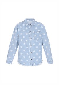 Világoskék farmering, fehér csillagmintával, gombos elülső része, gallérja, bal oldalon zsebe, és befejezetlen szegély részletekkel.