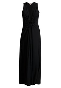 Musta maksimekko, jossa syvä V-pääntie, hihaton malli ja vyötäröllä oleva kiertynyt solmutyylinen yksityiskohta, pehmeää ja laskeutuvaa kangasta.