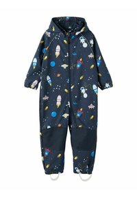 Salopette impermeabile blu marina con un tema spaziale, caratterizzata da razzi, pianeti e astronauti. Include una zip frontale e polsini elastici.