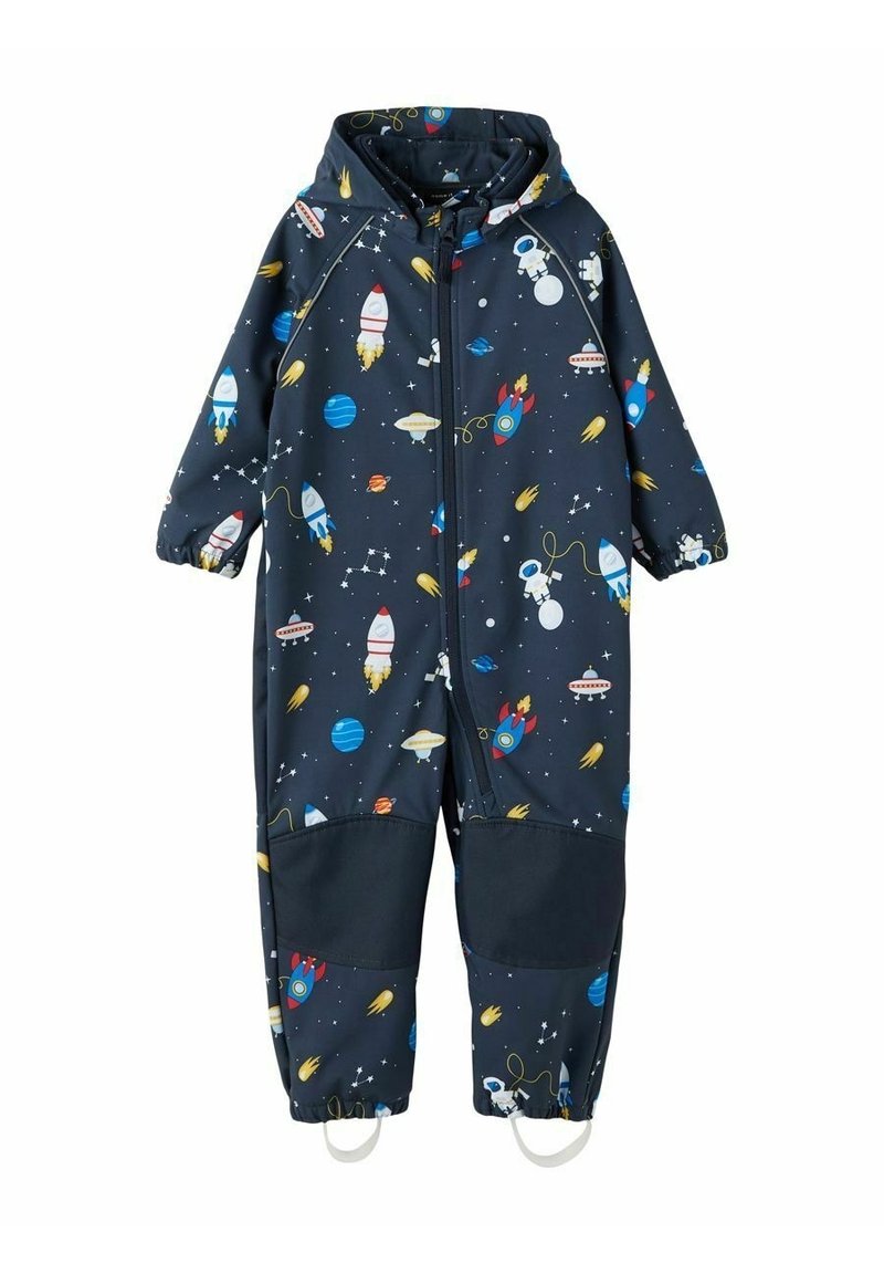 Salopette impermeabile blu marina con un tema spaziale, caratterizzata da razzi, pianeti e astronauti. Include una zip frontale e polsini elastici.