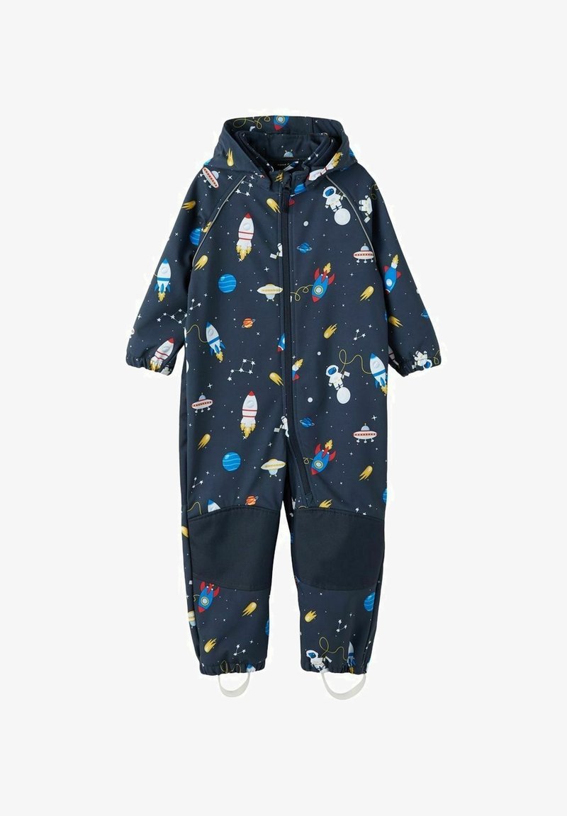 Salopette impermeabile blu marina con un tema spaziale, caratterizzata da razzi, pianeti e astronauti. Include una zip frontale e polsini elastici.