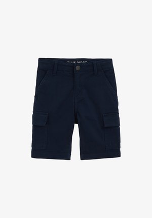 Tumesinine cargo-lühikesed püksid, mis on valmistatud puuvillast, küljetaskute, ees oleva nupuvajutusega sulgumise ja lõdva istuvusega disainiga.