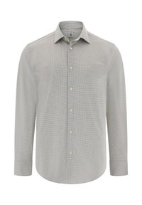Camicia a maniche lunghe grigia chiara con un sottile motivo geometrico, colletto a punta e bottoni beige. Realizzata in un tessuto liscio e traspirante.