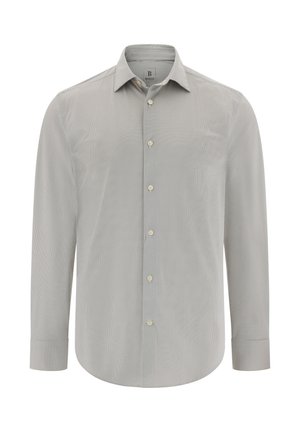 Jasnoszara długa koszula z długim rękawem z subtelnym wzorem geometrycznym, kołnierzykiem zapinanym na guziki i beżowymi guzikami. Wykonana z gładkiego, oddychającego materiału.