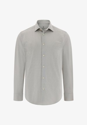 Jasnoszara długa koszula z długim rękawem z subtelnym wzorem geometrycznym, kołnierzykiem zapinanym na guziki i beżowymi guzikami. Wykonana z gładkiego, oddychającego materiału.