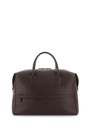 Grand sac de voyage en cuir brun foncé avec deux poignées, fermeture éclair et une petite poche avant avec le logo Boggi Milano.