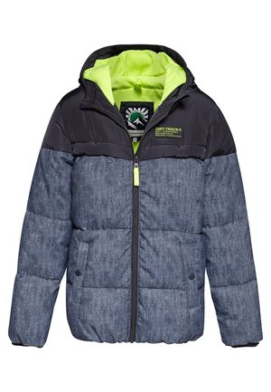 Zimowa kurtka z kapturem, czarne ramiona, szare pikowane ciało, neonowozielone futerko w środku, zamek błyskawiczny z przodu i boczne kieszenie.