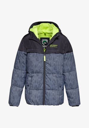 Zimowa kurtka z kapturem, czarne ramiona, szare pikowane ciało, neonowozielone futerko w środku, zamek błyskawiczny z przodu i boczne kieszenie.