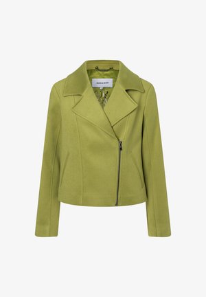 Grüne, kurz geschnittene Jacke mit großen Revers, Reißverschluss und Seitentaschen. Aus glattem Material gefertigt und im klassischen Motorradstil gestaltet.