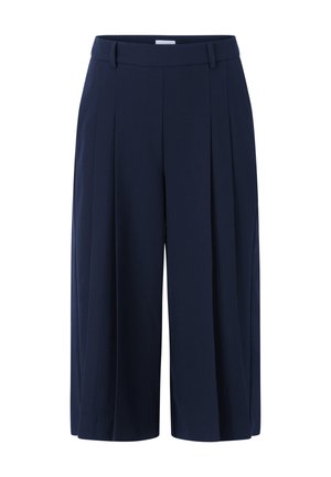 Marineblauwe wijde cropped broek met voorplooien en lussen voor een ceintuur, afgebeeld op een witte achtergrond.