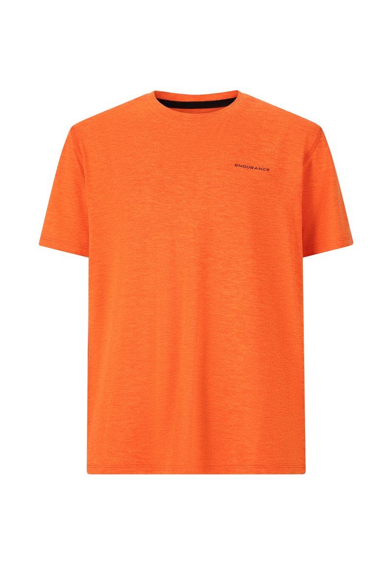 Orange kortärmad t-shirt i en texturerad tyg, med rund halsringning och en svart "ENDURANCE"-logotyp på framsidan.