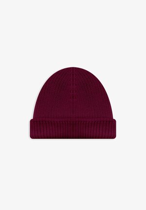 Bordeauxrode gebreide muts met geribbelde textuur, voorzien van een opgevouwen rand en een gladde, afgeronde bovenkant. Gemaakt van zachte, rekbare stof.