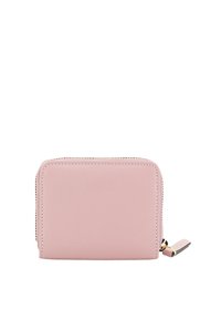 Compact pink leather wallet with a smooth texture, rectangular shape, zip closure, and gold-tone hardware detail.