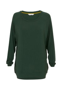 Maglietta verde a maniche lunghe realizzata in un tessuto morbido, con una scollatura rotonda, vestibilità rilassata e dettagli arricciati sulle maniche e sull'orlo.