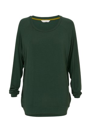 Zielona bluzka z długim rękawem, wykonana z miękkiego materiału, z okrągłym dekoltem, luźnym krojem oraz marszczeniami przy rękawach i u dołu.