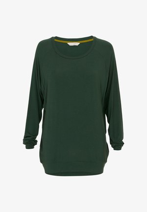 Zielona bluzka z długim rękawem, wykonana z miękkiego materiału, z okrągłym dekoltem, luźnym krojem oraz marszczeniami przy rękawach i u dołu.