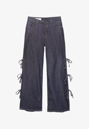 Dunkelblaue Denim-Hosen mit weitem Bein, seitlichen Bändern und einem Knopfverschluss. Verfügt über Fronttaschen und eine lässige Silhouette.