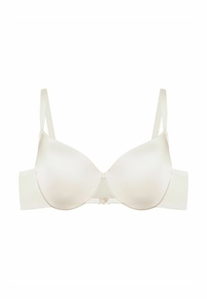 Light beige push-up bra with smooth, satin-like cups. Adjustable straps and a hook closure at the back. Simple design, seamless shape.