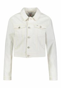 Vit denim jacka i croppad modell med klassisk krage, knäppt fram, två bröstfickor och sydda detaljer. Silverfärgade detaljer.