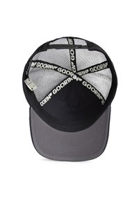 Black and gray cap with a mesh crown, flat brim, and white “GOORIN’” logo band across the mesh. Features stitching along the brim.