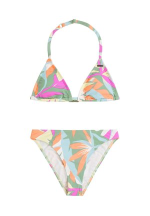Komplet bikini s trikotno modrčko in ujemajočimi se spodnjimi deli, izdelan iz raztegljivega blaga. Zelena osnova s cvetličnimi vzorci v roza, oranžni in modri barvi.