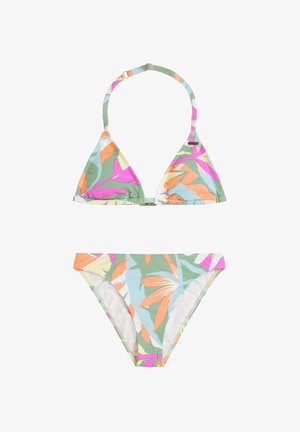Set bikini composto da un reggiseno a triangolo e slip abbinati, realizzati in tessuto elasticizzato. Base verde con motivi floreali in rosa, arancione e blu.