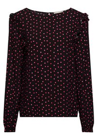 Schwarze Bluse mit langen Ärmeln und pink-weißen Punkten, verziert mit Rüschendetails an den Schultern und einem runden Ausschnitt. Weicher Stoff.