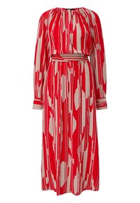 Robe maxi à manches longues rouge et beige avec des rayures verticales abstraites et des formes irrégulières, doté d'une taille cintrée et d'un col plissé.